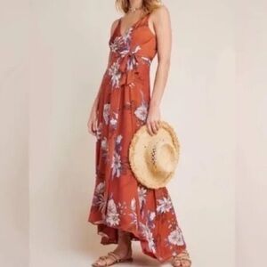 HUTCH | Anthropologie Palmetto Burnt Orange Floral Silky Wrap Maxi Dress